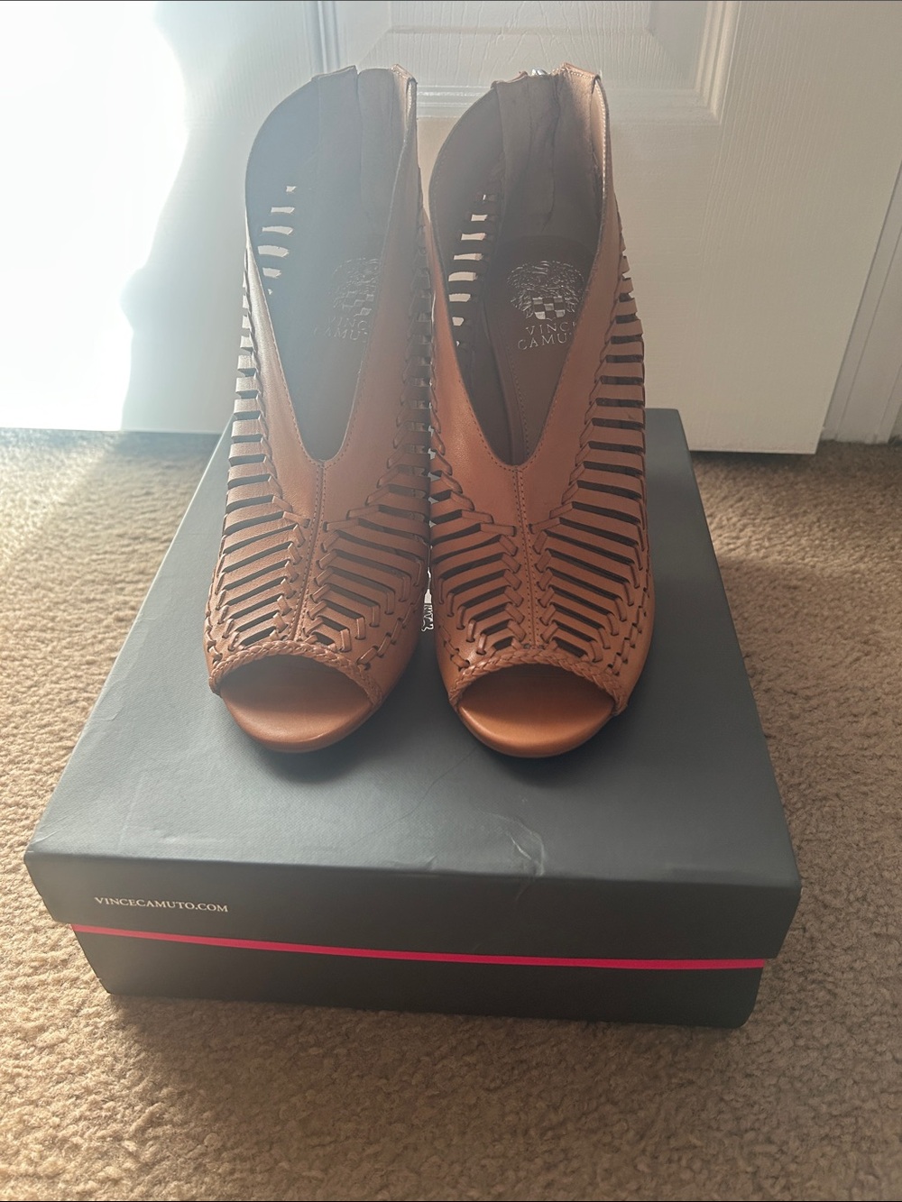 Vince Camuto Tan Woven Peep-Toe Stiletto Booties - Picture 3 of 7
